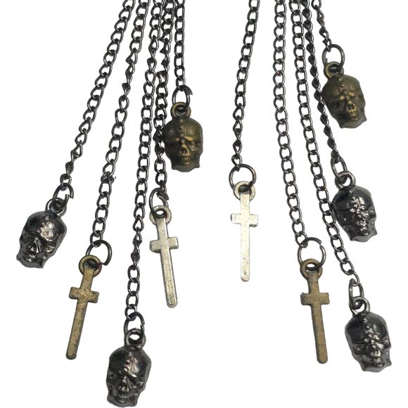 Skeleton Skull Cross Silver Tone Dangle Tassel Earrings Day of Dead Gothic - Picture 6 of 7